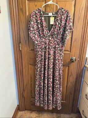 Aritzia Pink Floral V-Neck Maxi on Olive Base